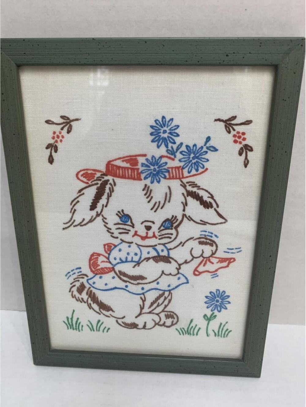 Vintage Framed Embroidery Artwork Featuring a 1970's Nursery Art Puppy